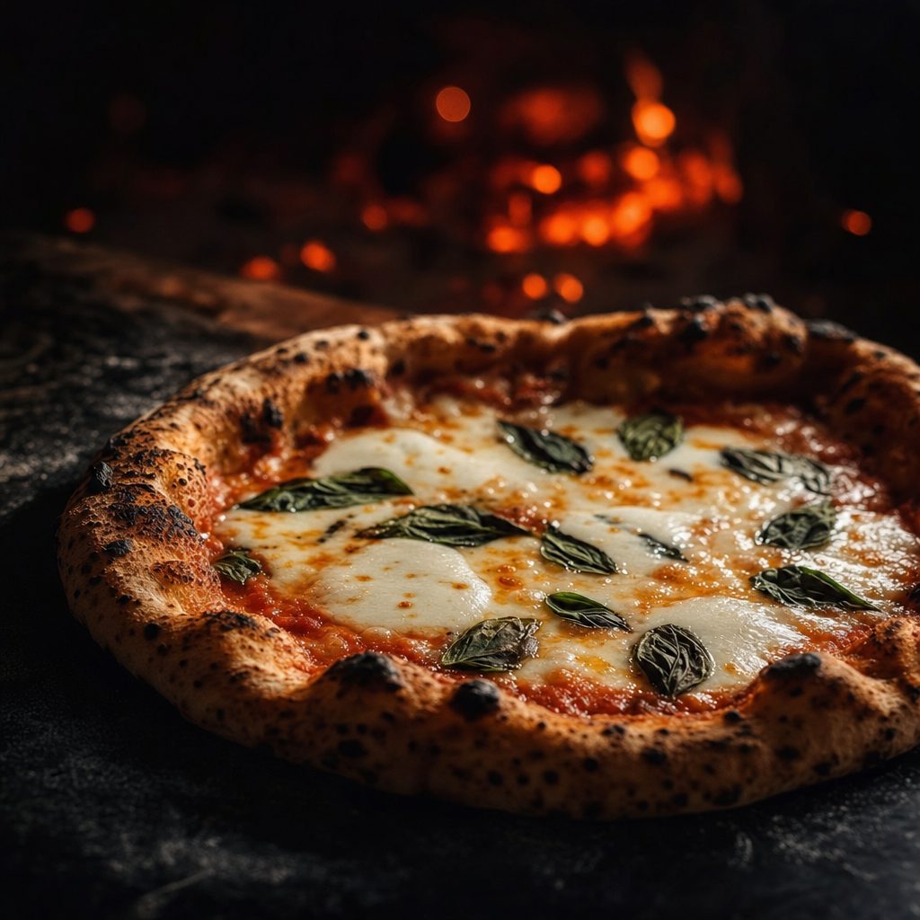 Steinofenpizza Margherita mit Büffelmozzarella und Basilikum vor glühendem Ofenfeuer