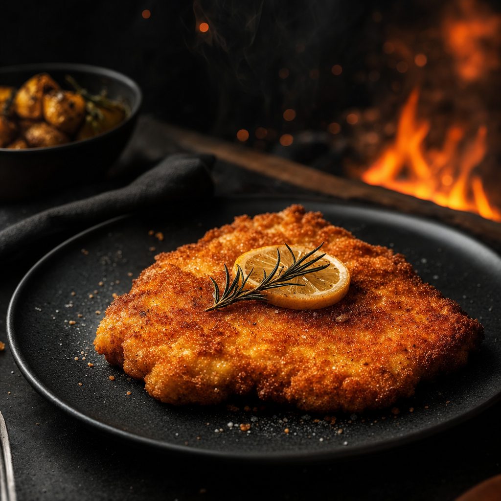Goldbraun paniertes Schnitzel mit Zitrone und Rosmarin auf dunklem Teller